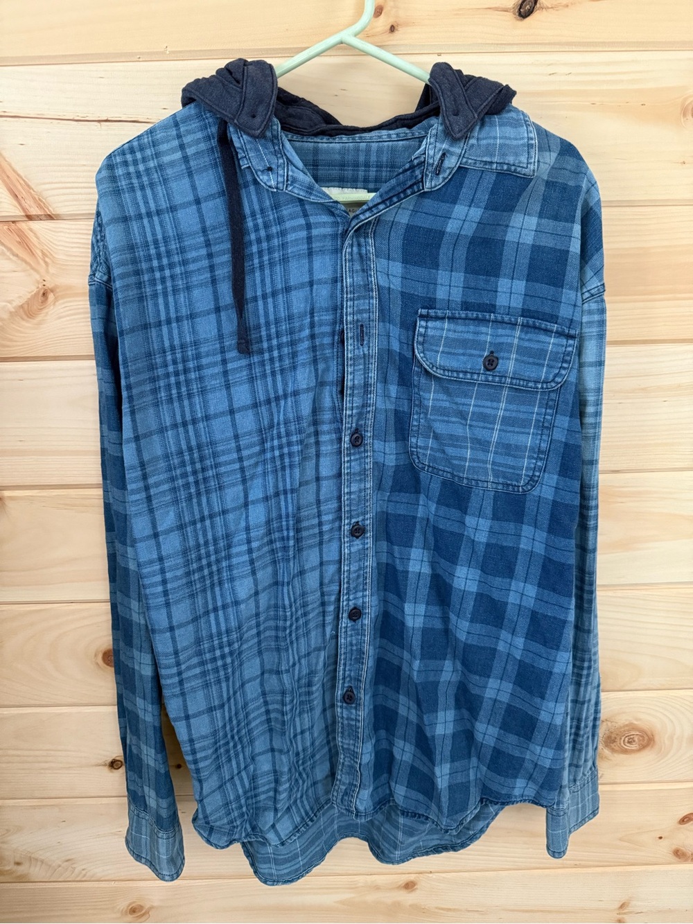 American Eagle Outfitters Blue Plaid Hooded Button-Down Shirt